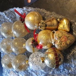 Lot of 13 vintage glass ornaments. 1 floral heart ornament.